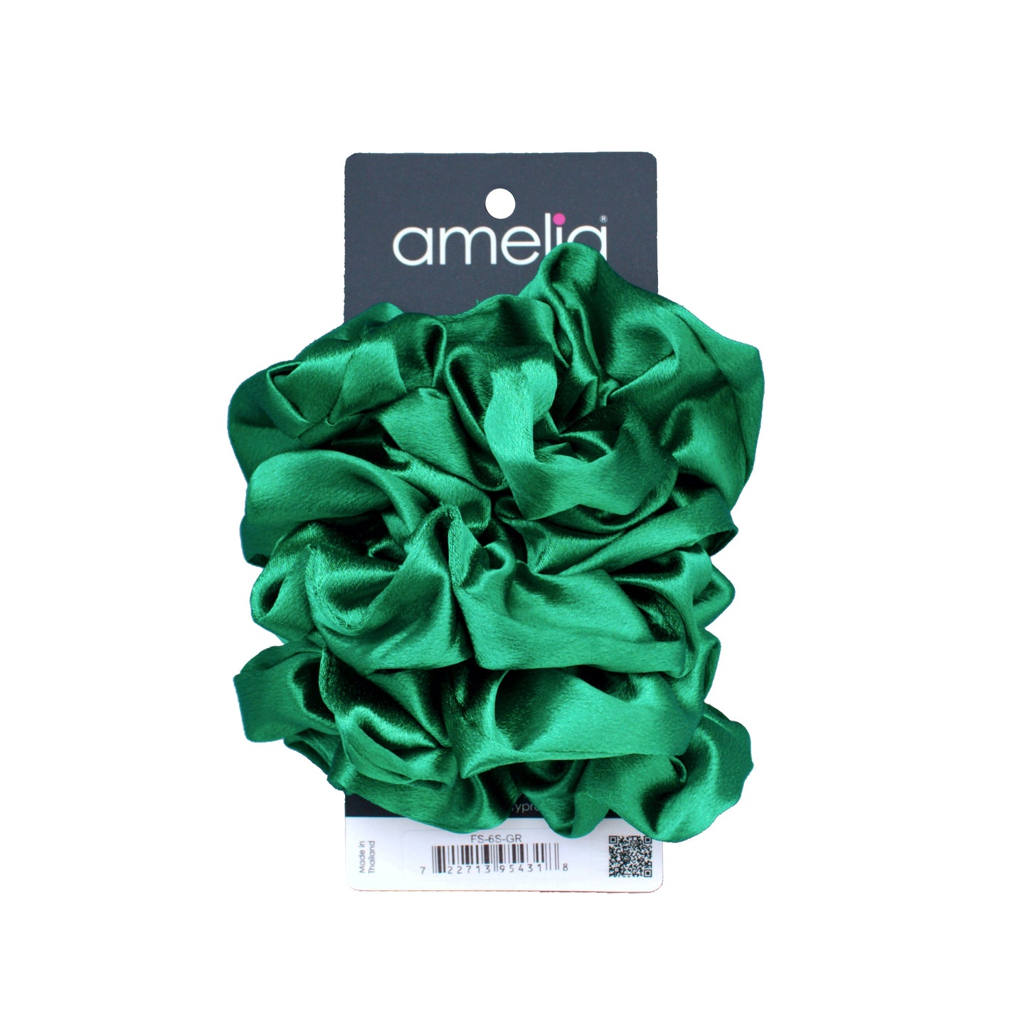 Amelia Beauty Products, Green Imitation Silk Scrunchies, 4.5in Diameter, Gentle on Hair, Strong Hold, No Snag, No Dents or Creases. 6 Pack - 12 Retail Packs