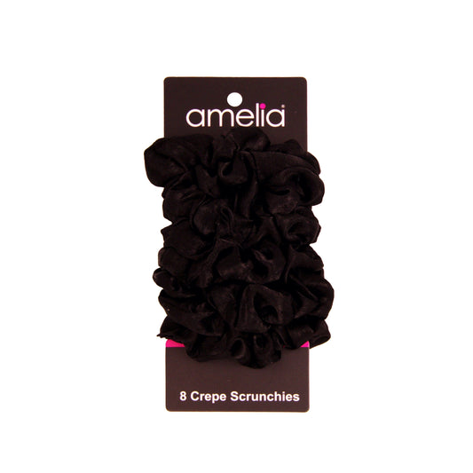 Amelia Beauty | 3in Black Crepe Scrunchies | Soft, Gentle and Strong Hold | No Snag, No Dents or Creases | 8 Pack - 12 Retail Packs