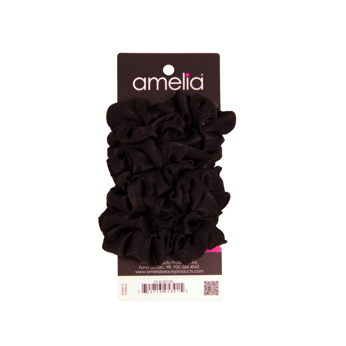 Amelia Beauty | 3in Black Crepe Scrunchies | Soft, Gentle and Strong Hold | No Snag, No Dents or Creases | 8 Pack - 12 Retail Packs