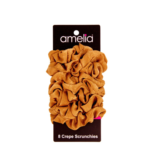 Amelia Beauty | 3in Brown Crepe Scrunchies | Soft, Gentle and Strong Hold | No Snag, No Dents or Creases | 8 Pack - 12 Retail Packs