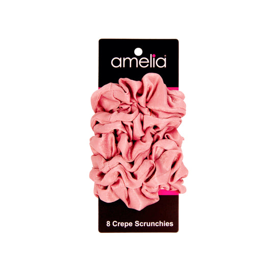 Amelia Beauty | 3in Pink Crepe Scrunchies | Soft, Gentle and Strong Hold | No Snag, No Dents or Creases | 8 Pack - 12 Retail Packs