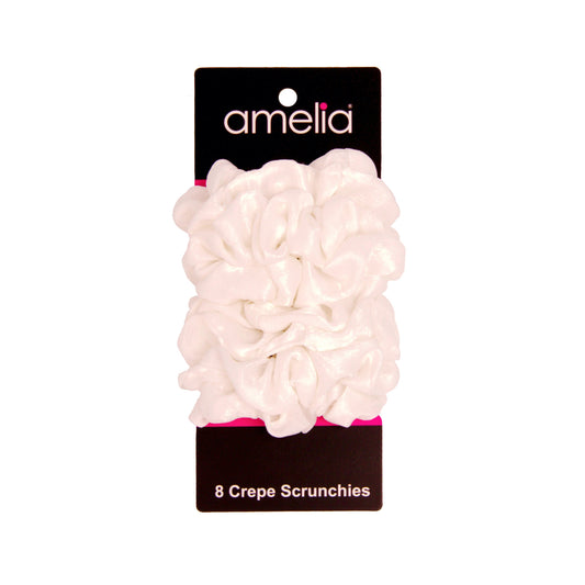 Amelia Beauty | 3in White Crepe Scrunchies | Soft, Gentle and Strong Hold | No Snag, No Dents or Creases | 8 Pack - 12 Retail Packs