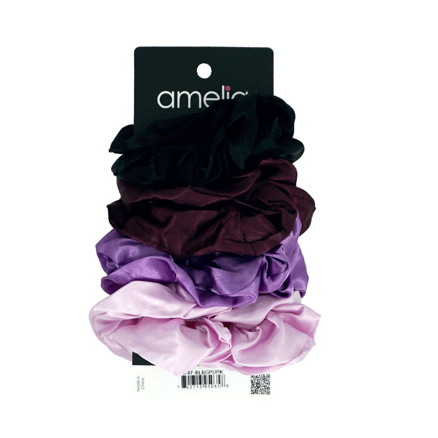 Amelia Beauty Products, Black, Burgundy, Purple and Pink Satin Scrunchies, 3.5in Diameter, Gentle on Hair, Strong Hold, No Snag, No Dents or Creases. 8 Pack - 12 Retail Packs