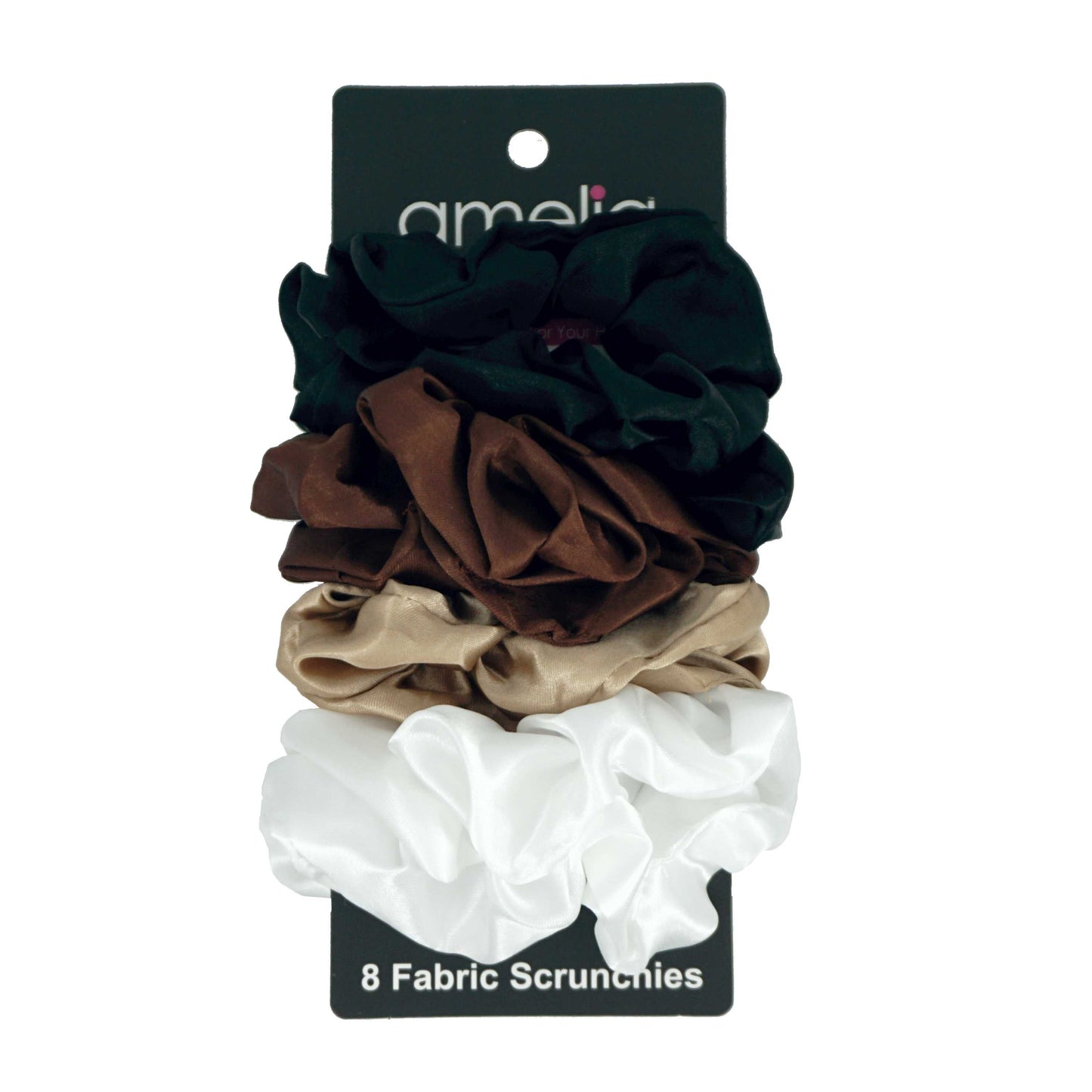 Amelia Beauty Products, Earth Blend Satin Scrunchies, 3.5in Diameter, Gentle on Hair, Strong Hold, No Snag, No Dents or Creases. 8 Pack - 12 Retail Packs