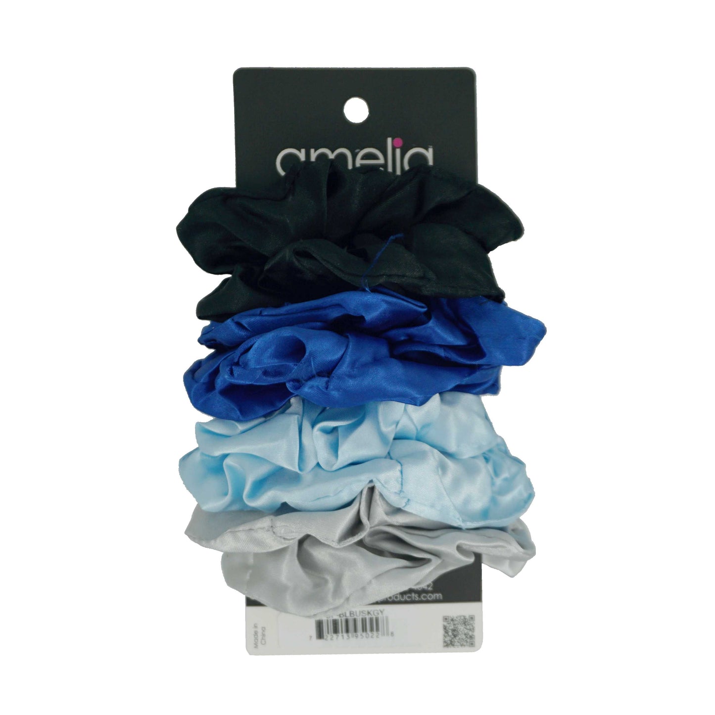 Amelia Beauty Products, Black, Blue, Sky and Gray Satin Scrunchies, 3.5in Diameter, Gentle on Hair, Strong Hold, No Snag, No Dents or Creases. 8 Pack - 12 Retail Packs