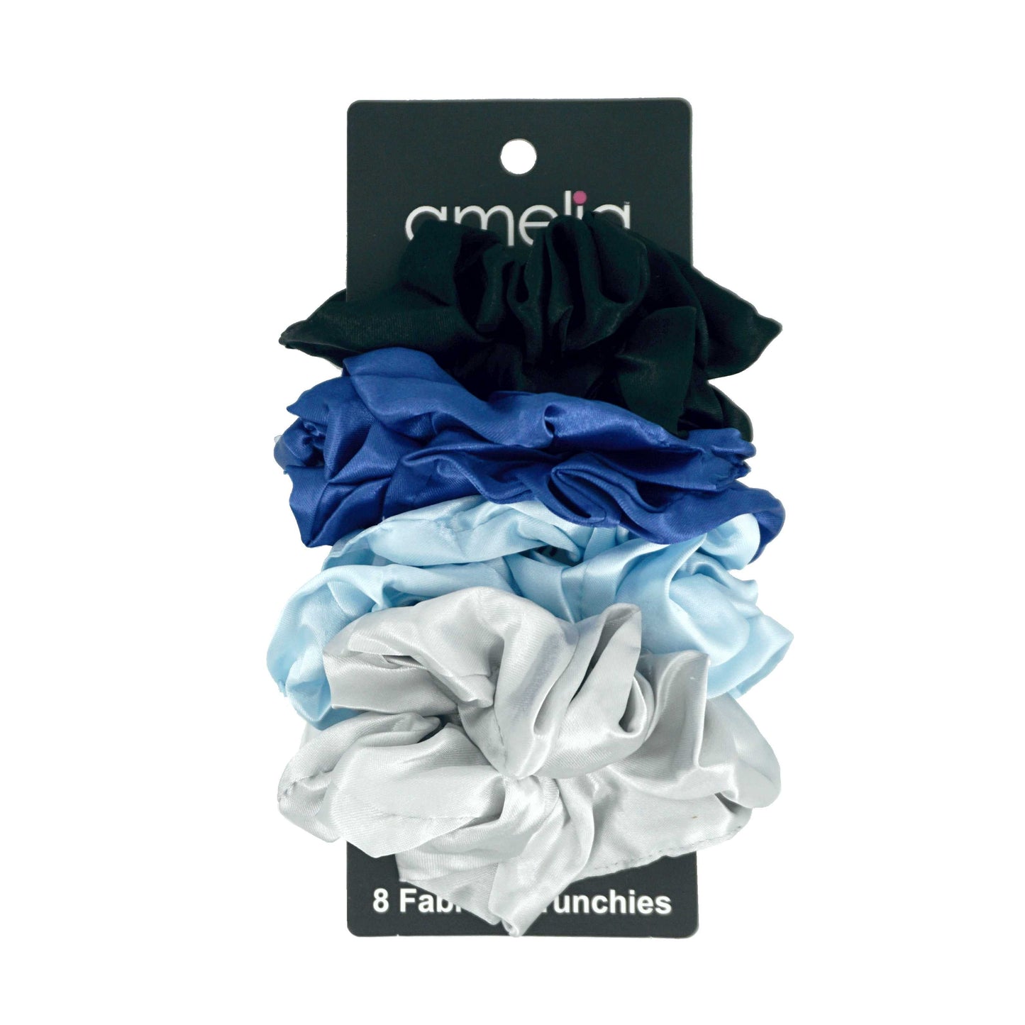 Amelia Beauty Products, Black, Blue, Sky and Gray Satin Scrunchies, 3.5in Diameter, Gentle on Hair, Strong Hold, No Snag, No Dents or Creases. 8 Pack - 12 Retail Packs