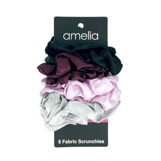 Amelia Beauty Products, Black, Burgundy, Pink and Gray Satin Scrunchies, 3.5in Diameter, Gentle on Hair, Strong Hold, No Snag, No Dents or Creases. 8 Pack - 12 Retail Packs