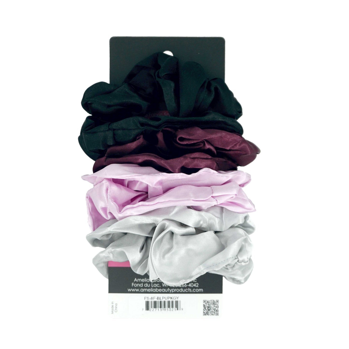 Amelia Beauty Products, Black, Burgundy, Pink and Gray Satin Scrunchies, 3.5in Diameter, Gentle on Hair, Strong Hold, No Snag, No Dents or Creases. 8 Pack - 12 Retail Packs