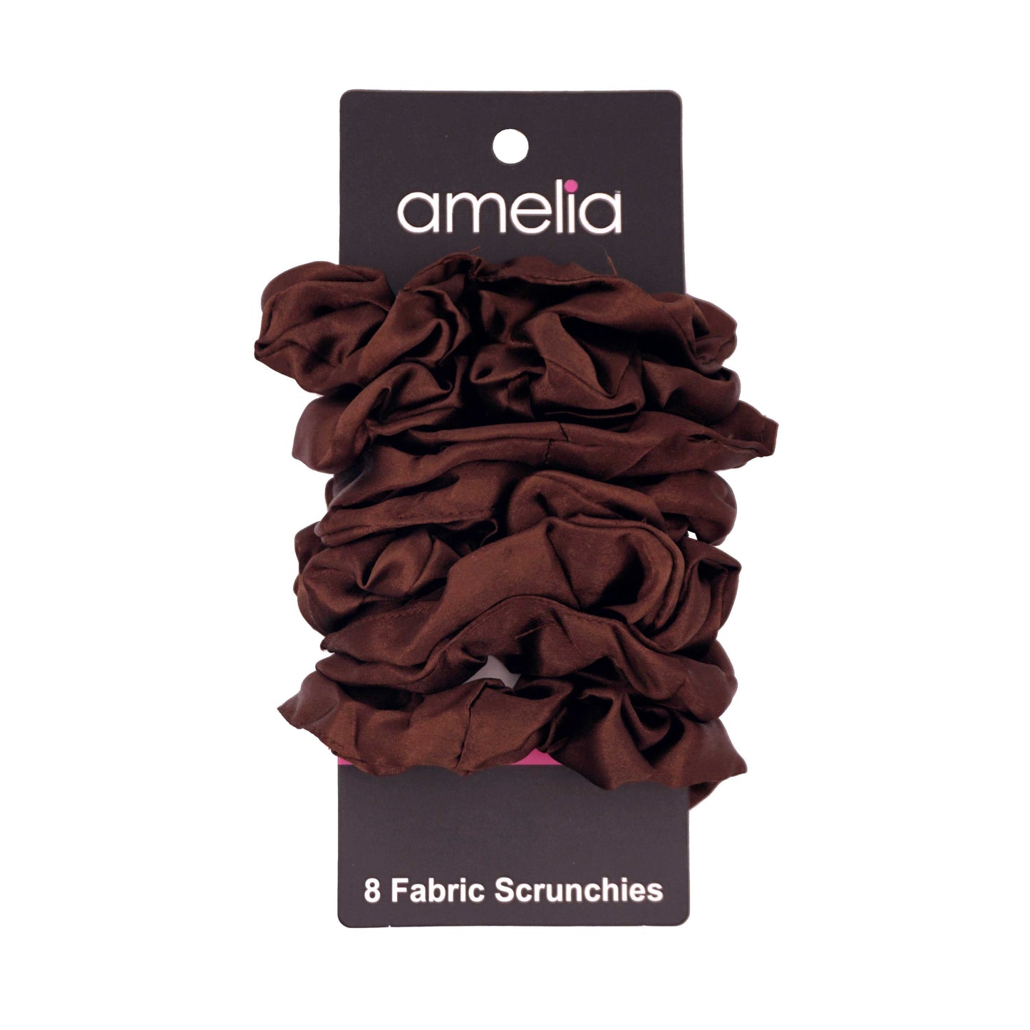 Amelia Beauty Products, Brown Satin Scrunchies, 3.5in Diameter, Gentle on Hair, Strong Hold, No Snag, No Dents or Creases. 8 Pack - 12 Retail Packs