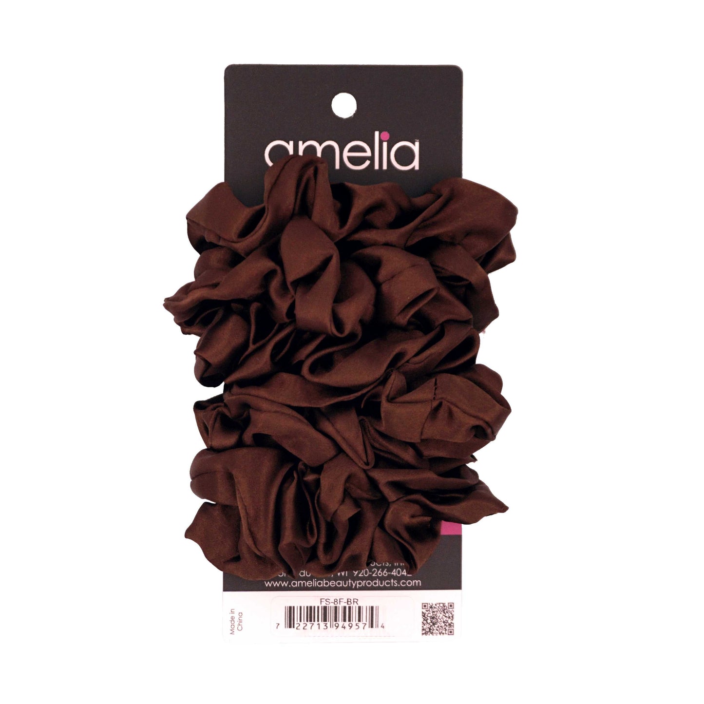 Amelia Beauty Products, Brown Satin Scrunchies, 3.5in Diameter, Gentle on Hair, Strong Hold, No Snag, No Dents or Creases. 8 Pack - 12 Retail Packs