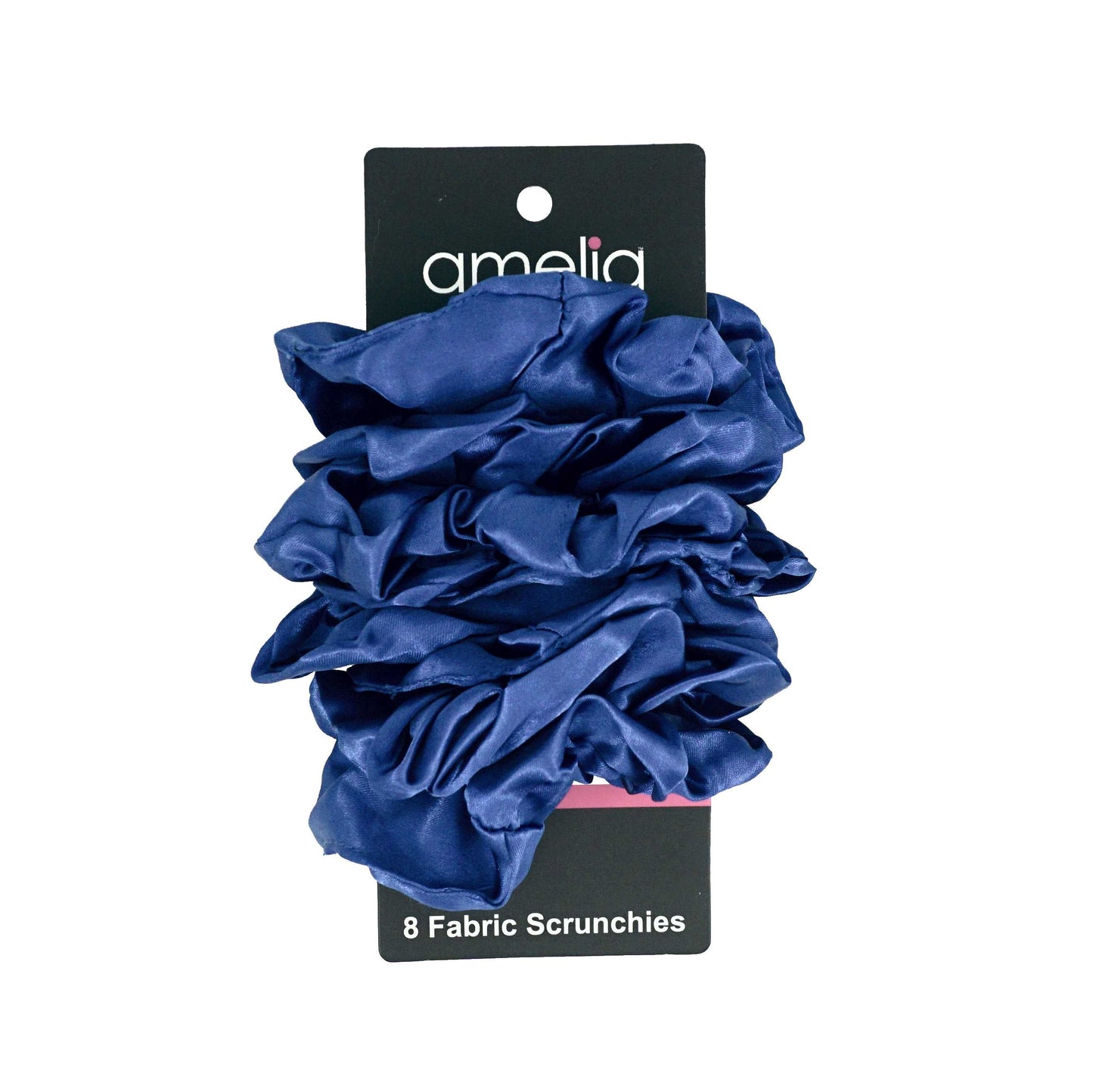 Amelia Beauty Products, Blue Satin Scrunchies, 3.5in Diameter, Gentle on Hair, Strong Hold, No Snag, No Dents or Creases. 8 Pack - 12 Retail Packs