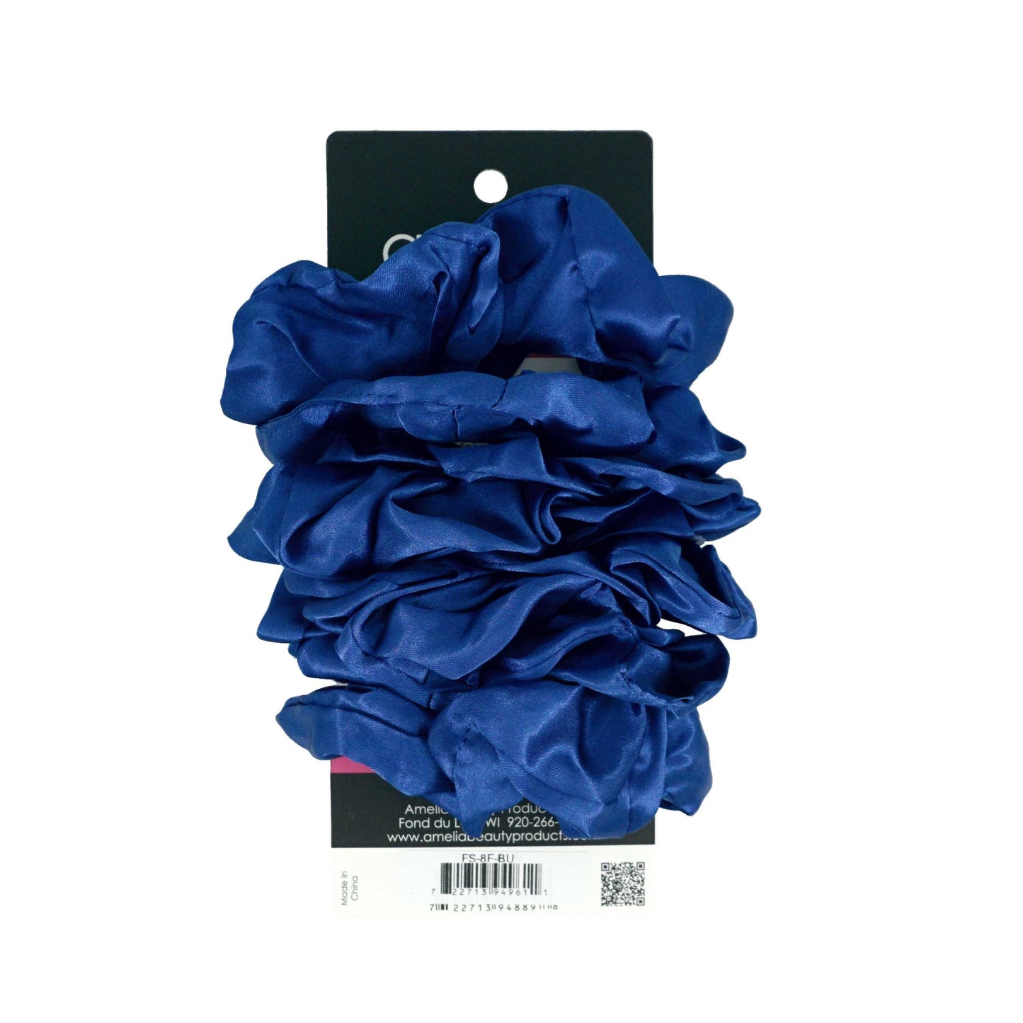 Amelia Beauty Products, Blue Satin Scrunchies, 3.5in Diameter, Gentle on Hair, Strong Hold, No Snag, No Dents or Creases. 8 Pack - 12 Retail Packs