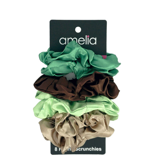 Amelia Beauty Products, Green, Brown, Lime and Tan Satin Scrunchies, 3.5in Diameter, Gentle on Hair, Strong Hold, No Snag, No Dents or Creases. 8 Pack - 12 Retail Packs