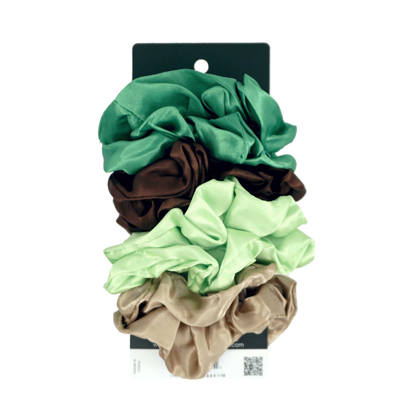 Amelia Beauty Products, Green, Brown, Lime and Tan Satin Scrunchies, 3.5in Diameter, Gentle on Hair, Strong Hold, No Snag, No Dents or Creases. 8 Pack - 12 Retail Packs