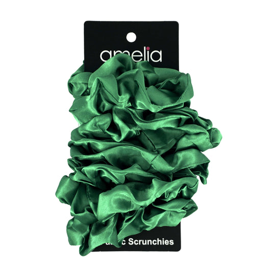 Amelia Beauty Products, Green Satin Scrunchies, 3.5in Diameter, Gentle on Hair, Strong Hold, No Snag, No Dents or Creases. 8 Pack - 12 Retail Packs