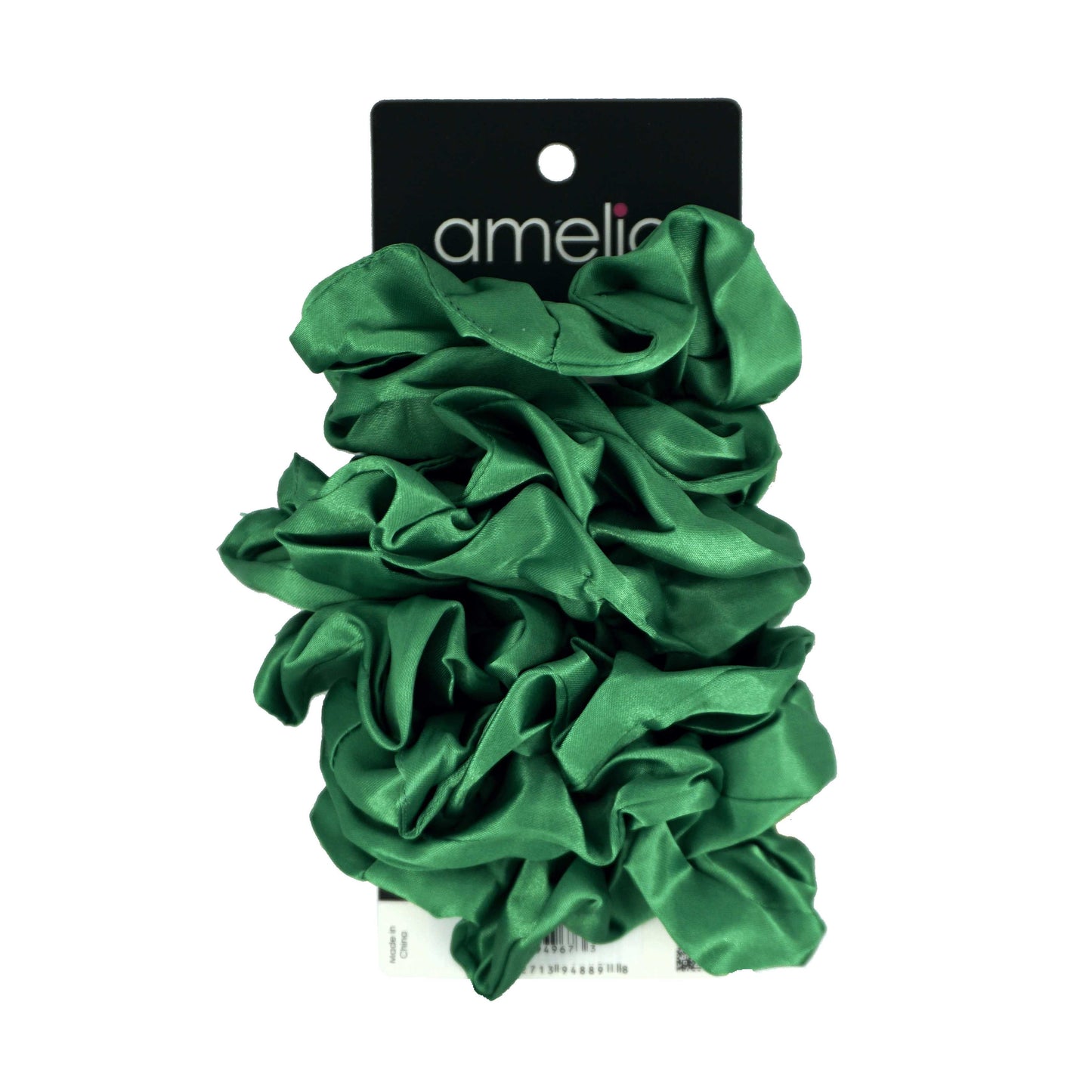 Amelia Beauty Products, Green Satin Scrunchies, 3.5in Diameter, Gentle on Hair, Strong Hold, No Snag, No Dents or Creases. 8 Pack - 12 Retail Packs