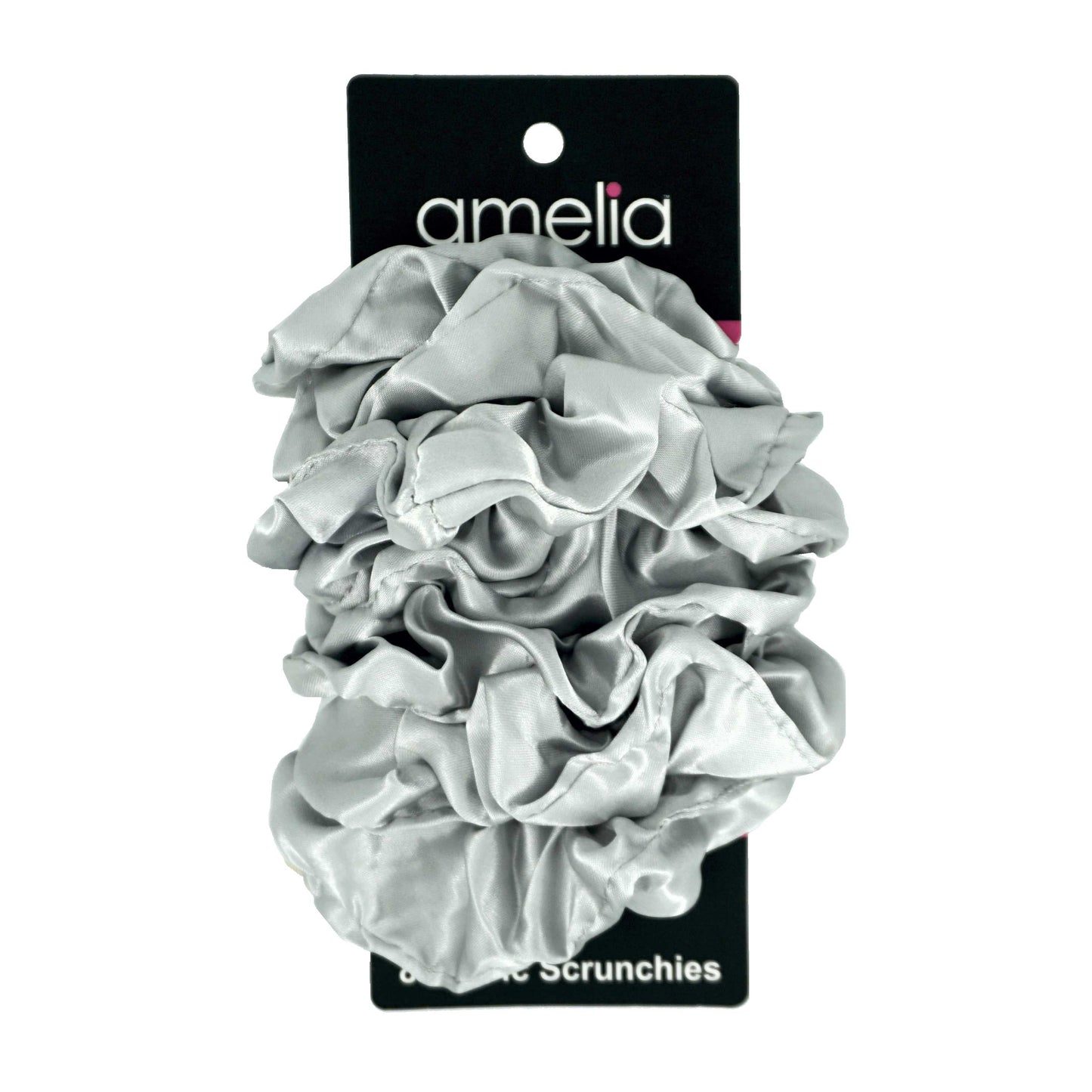 Amelia Beauty Products, Gray Satin Scrunchies, 3.5in Diameter, Gentle on Hair, Strong Hold, No Snag, No Dents or Creases. 8 Pack - 12 Retail Packs