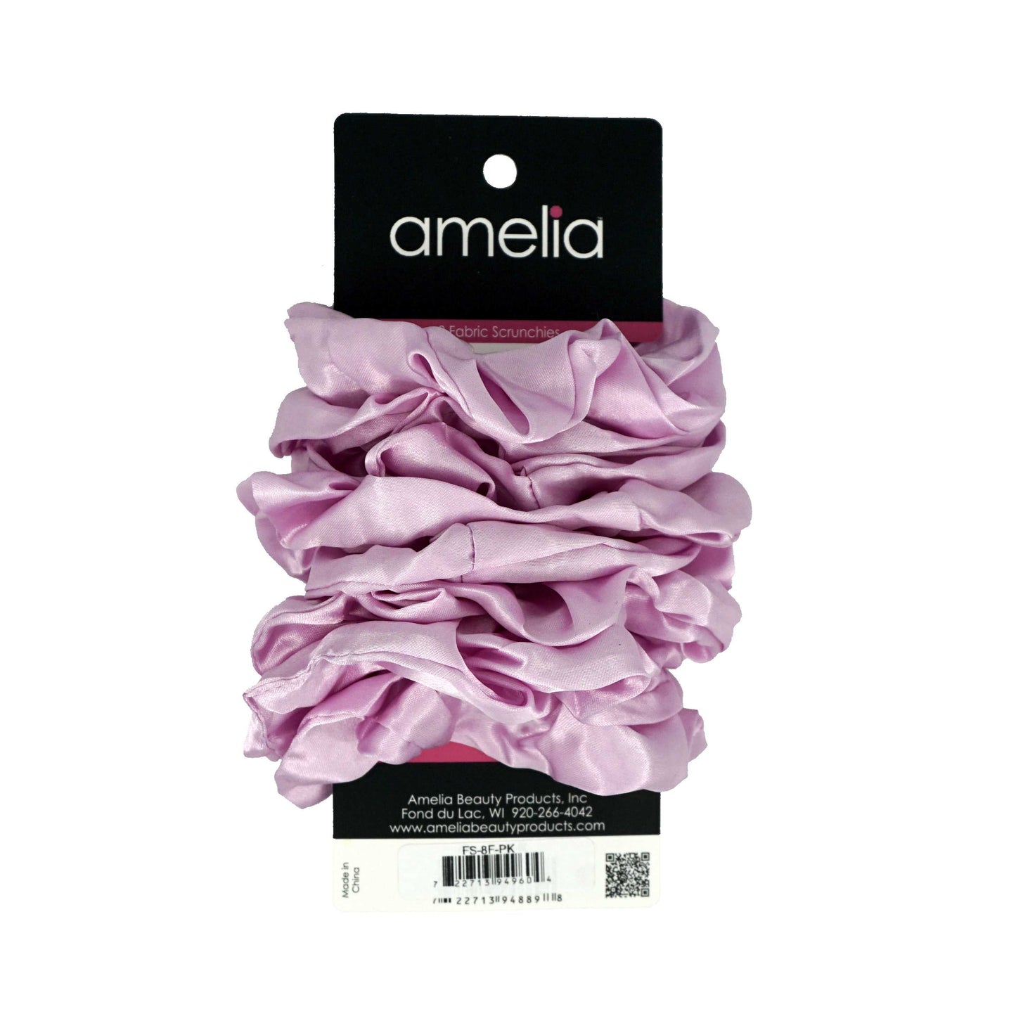 Amelia Beauty Products, Pink Satin Scrunchies, 3.5in Diameter, Gentle on Hair, Strong Hold, No Snag, No Dents or Creases. 8 Pack - 12 Retail Packs