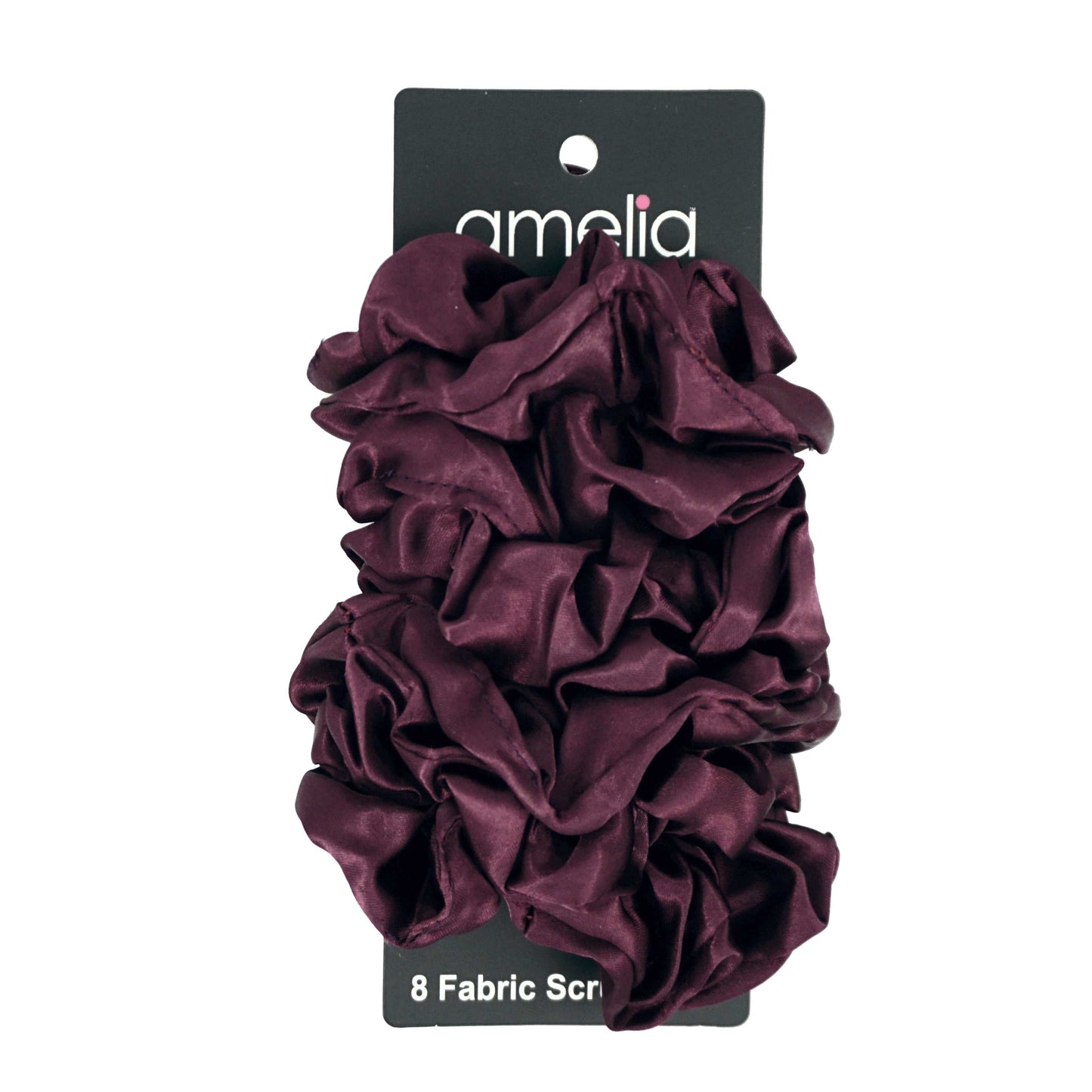 Amelia Beauty Products, Burgundy Satin Scrunchies, 3.5in Diameter, Gentle on Hair, Strong Hold, No Snag, No Dents or Creases. 8 Pack - 12 Retail Packs