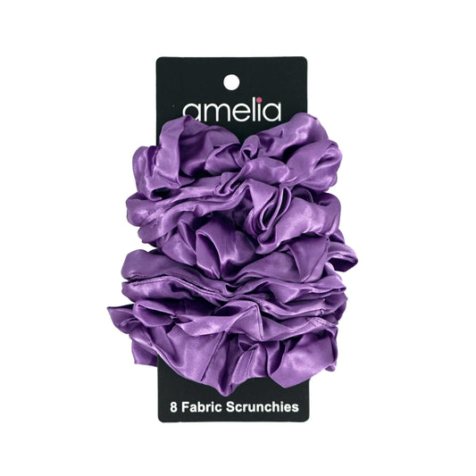 Amelia Beauty Products, Purple Satin Scrunchies, 3.5in Diameter, Gentle on Hair, Strong Hold, No Snag, No Dents or Creases. 8 Pack - 12 Retail Packs