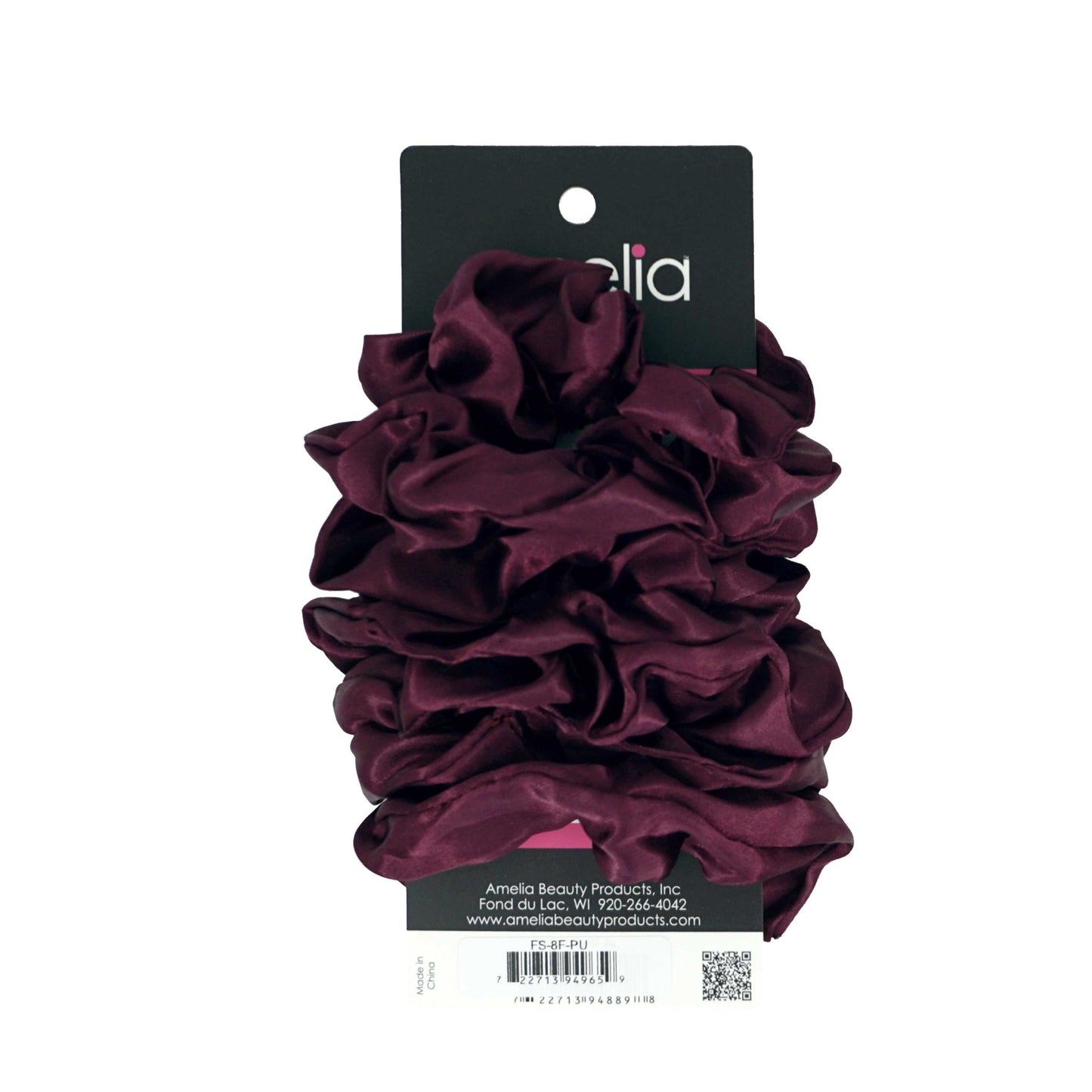 Amelia Beauty Products, Burgundy Satin Scrunchies, 3.5in Diameter, Gentle on Hair, Strong Hold, No Snag, No Dents or Creases. 8 Pack - 12 Retail Packs