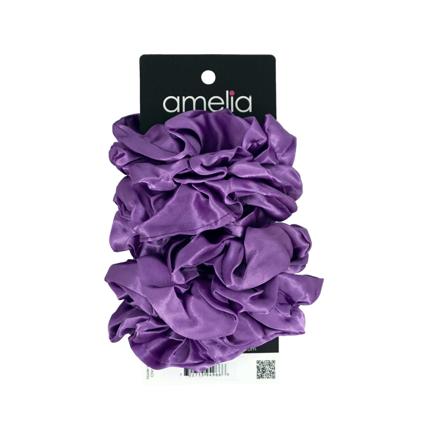 Amelia Beauty Products, Purple Satin Scrunchies, 3.5in Diameter, Gentle on Hair, Strong Hold, No Snag, No Dents or Creases. 8 Pack - 12 Retail Packs