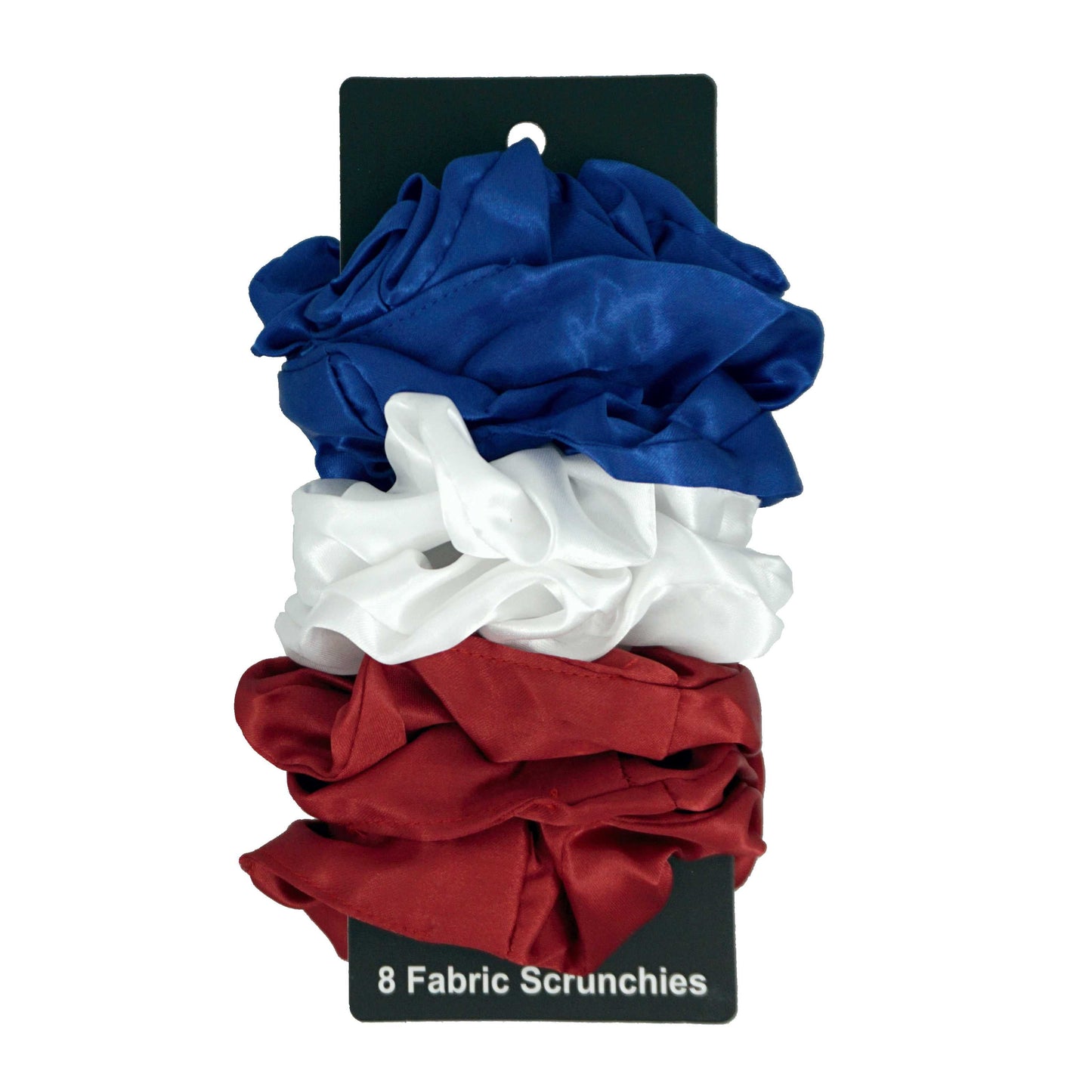 Amelia Beauty Products, Red, White and Blue Satin Scrunchies, 3.5in Diameter, Gentle on Hair, Strong Hold, No Snag, No Dents or Creases. 8 Pack - 12 Retail Packs