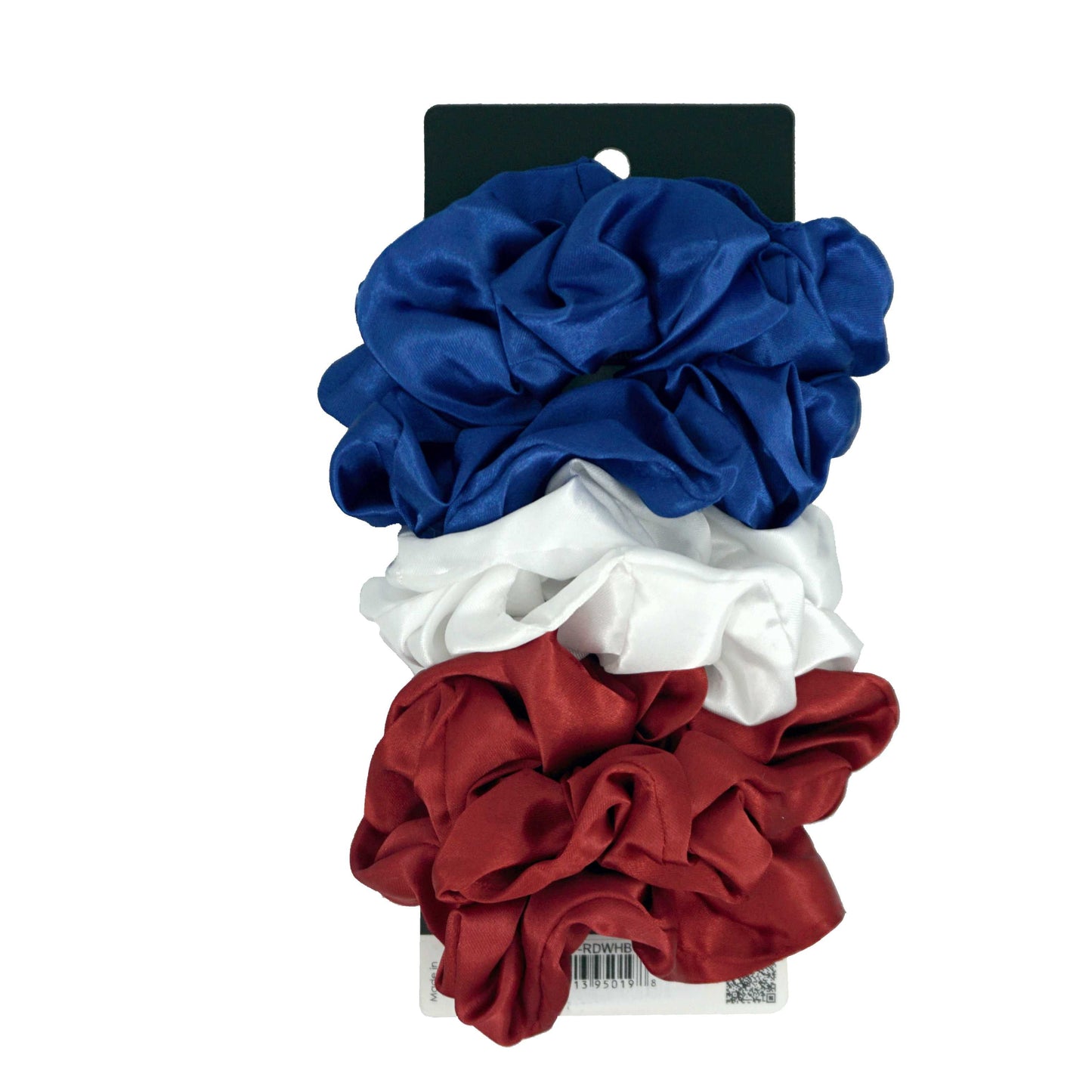 Amelia Beauty Products, Red, White and Blue Satin Scrunchies, 3.5in Diameter, Gentle on Hair, Strong Hold, No Snag, No Dents or Creases. 8 Pack - 12 Retail Packs