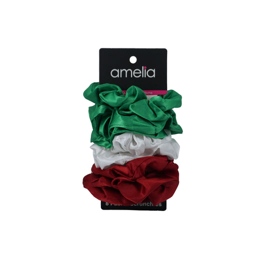 Amelia Beauty Products, Red, White and Green Satin Scrunchies, 3.5in Diameter, Gentle on Hair, Strong Hold, No Snag, No Dents or Creases. 8 Pack - 12 Retail Packs