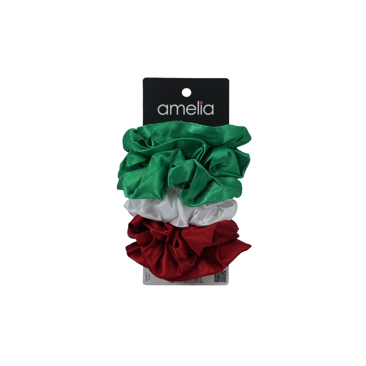 Amelia Beauty Products, Red, White and Green Satin Scrunchies, 3.5in Diameter, Gentle on Hair, Strong Hold, No Snag, No Dents or Creases. 8 Pack - 12 Retail Packs