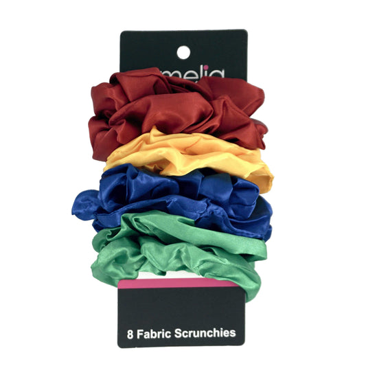 Amelia Beauty Products, Red, Yellow, Blue and Green Satin Scrunchies, 3.5in Diameter, Gentle on Hair, Strong Hold, No Snag, No Dents or Creases. 8 Pack - 12 Retail Packs