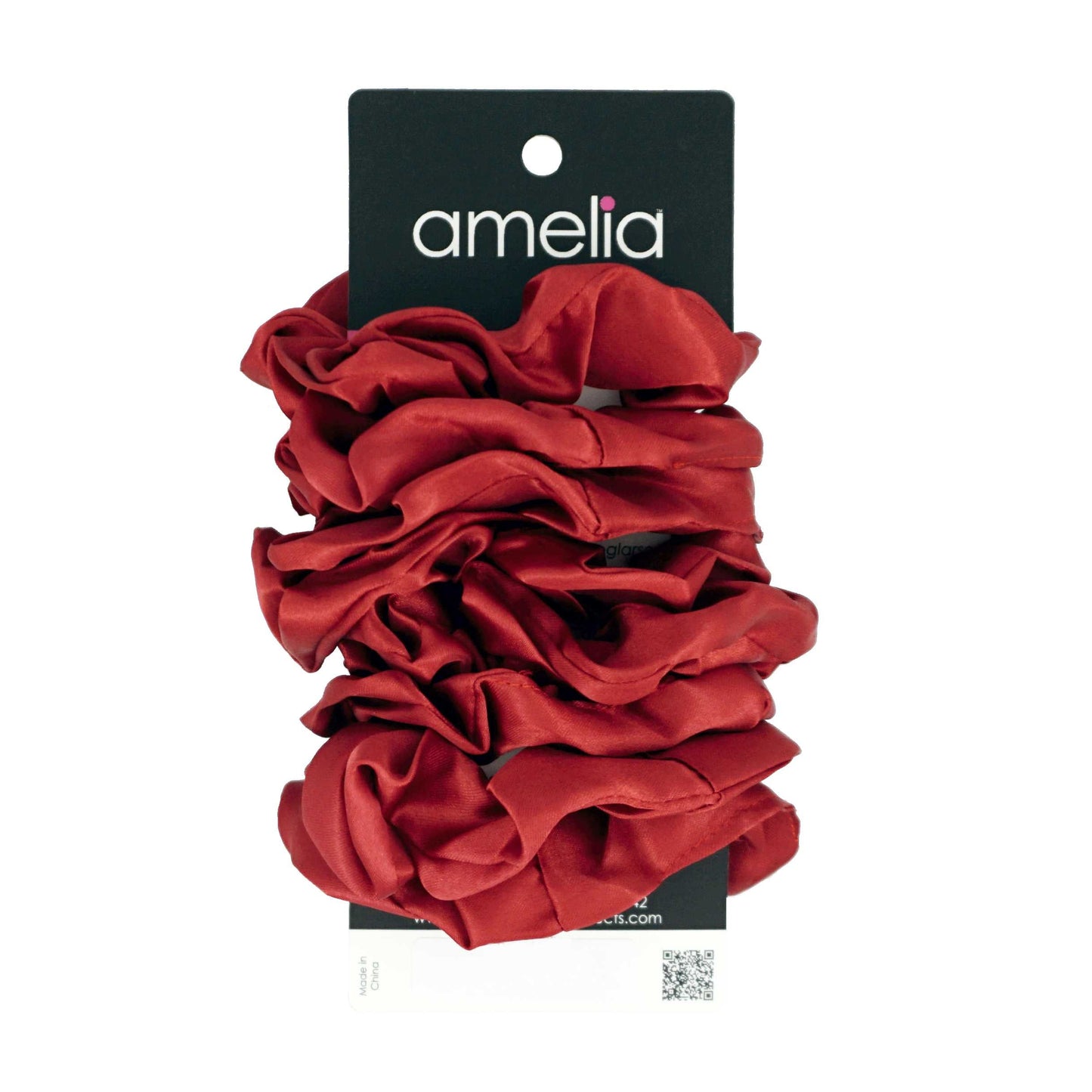 Amelia Beauty Products, Burnt Red Satin Scrunchies, 3.5in Diameter, Gentle on Hair, Strong Hold, No Snag, No Dents or Creases. 8 Pack - 12 Retail Packs