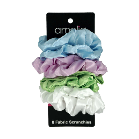 Amelia Beauty Products, Sky, Pink, Lime and White Satin Scrunchies, 3.5in Diameter, Gentle on Hair, Strong Hold, No Snag, No Dents or Creases. 8 Pack - 12 Retail Packs