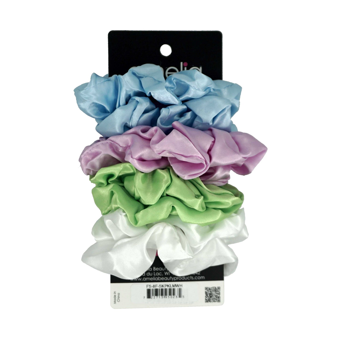 Amelia Beauty Products, Sky, Pink, Lime and White Satin Scrunchies, 3.5in Diameter, Gentle on Hair, Strong Hold, No Snag, No Dents or Creases. 8 Pack - 12 Retail Packs