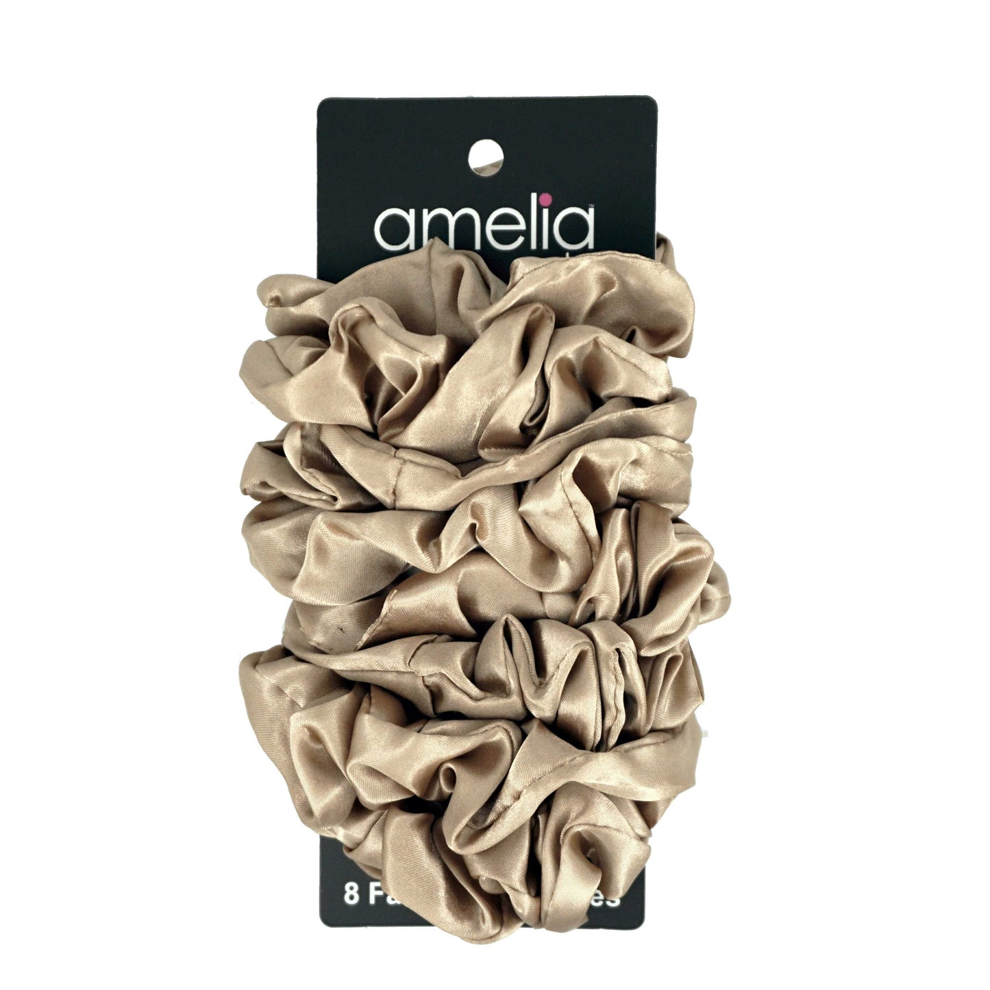 Amelia Beauty Products, Tan Satin Scrunchies, 3.5in Diameter, Gentle on Hair, Strong Hold, No Snag, No Dents or Creases. 8 Pack - 12 Retail Packs