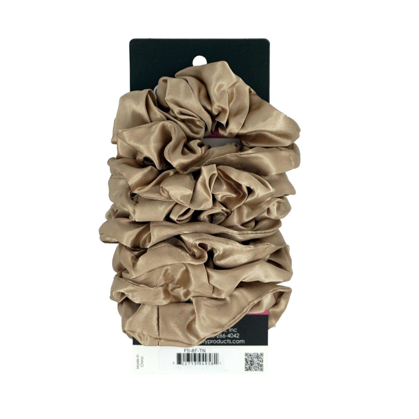 Amelia Beauty Products, Tan Satin Scrunchies, 3.5in Diameter, Gentle on Hair, Strong Hold, No Snag, No Dents or Creases. 8 Pack - 12 Retail Packs