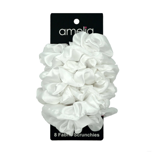 Amelia Beauty Products, White Satin Scrunchies, 3.5in Diameter, Gentle on Hair, Strong Hold, No Snag, No Dents or Creases. 8 Pack - 12 Retail Packs