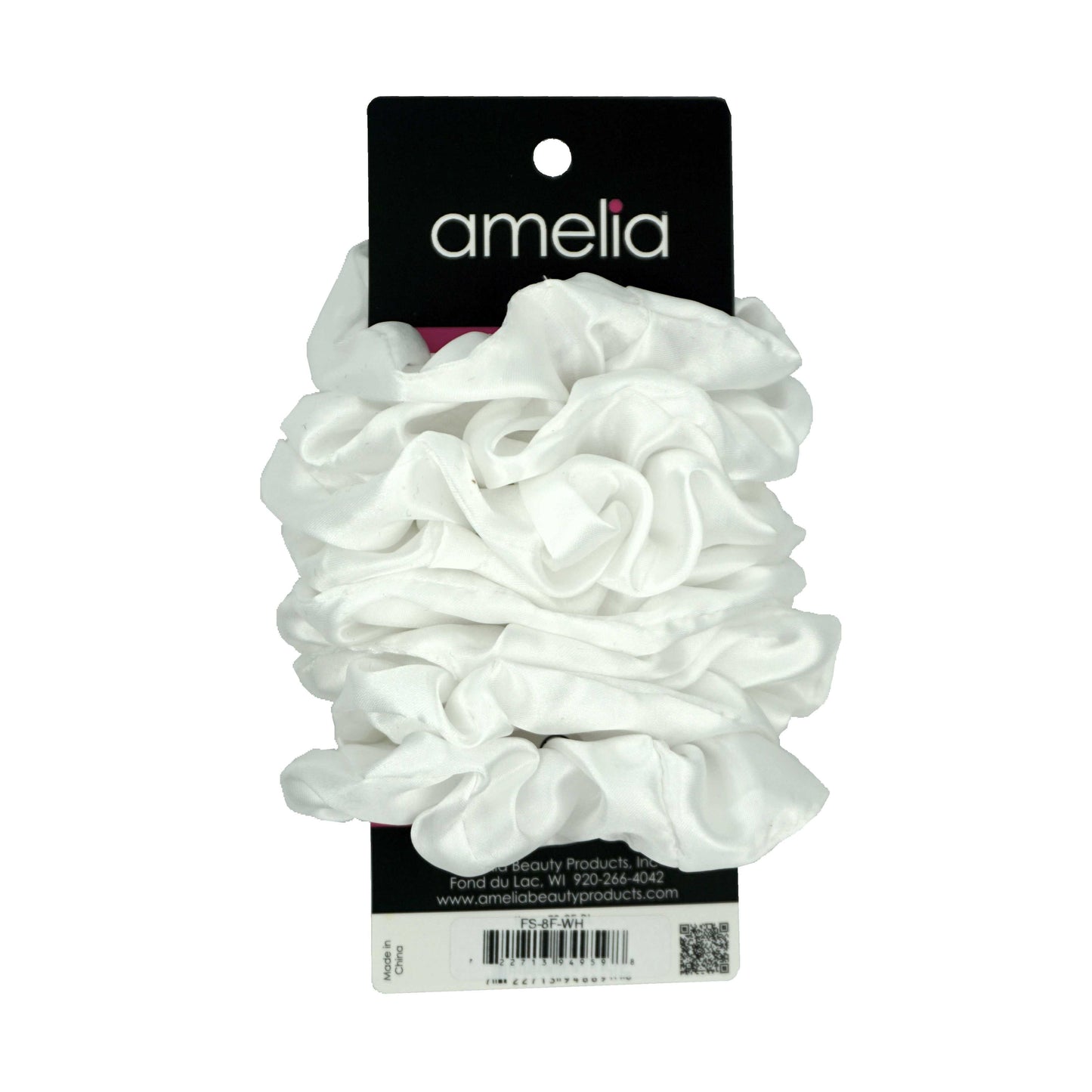 Amelia Beauty Products, White Satin Scrunchies, 3.5in Diameter, Gentle on Hair, Strong Hold, No Snag, No Dents or Creases. 8 Pack - 12 Retail Packs