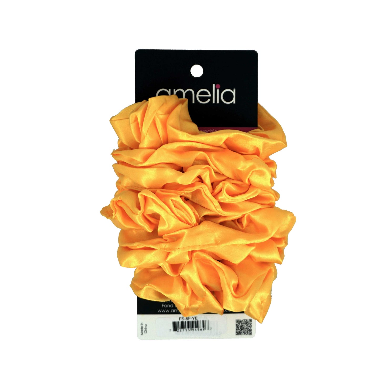 Amelia Beauty Products, Yellow Satin Scrunchies, 3.5in Diameter, Gentle on Hair, Strong Hold, No Snag, No Dents or Creases. 8 Pack - 12 Retail Packs