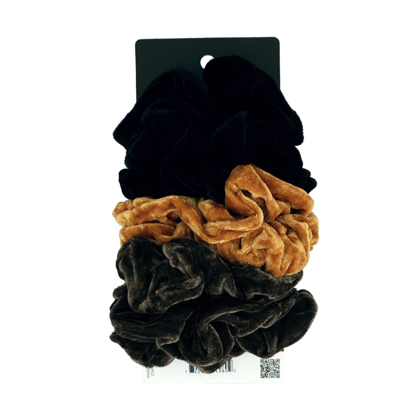 Amelia Beauty Products, Black, Tan and Brown Velvet Velvet Scrunchies, 3.5in Diameter, Gentle on Hair, Strong Hold, No Snag, No Dents or Creases. 8 Pack - 12 Retail Packs