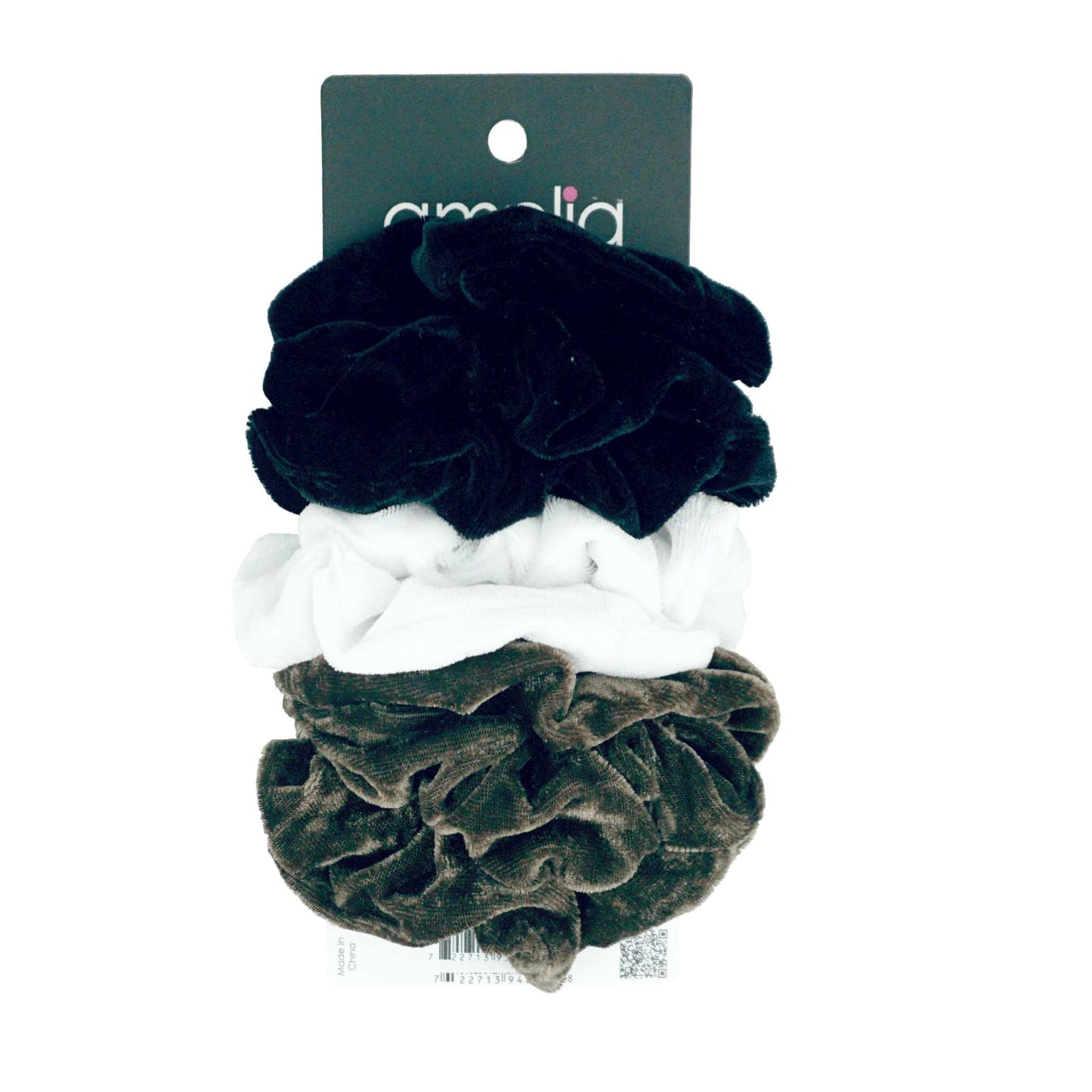 Amelia Beauty Products, Black, White and Brown Velvet Velvet Scrunchies, 3.5in Diameter, Gentle on Hair, Strong Hold, No Snag, No Dents or Creases. 8 Pack - 12 Retail Packs