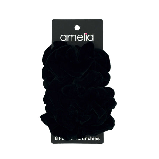 Amelia Beauty Products, Black Velvet Velvet Scrunchies, 3.5in Diameter, Gentle on Hair, Strong Hold, No Snag, No Dents or Creases. 8 Pack - 12 Retail Packs