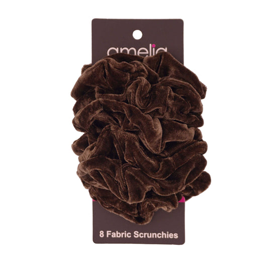 Amelia Beauty Products, Brown Velvet Velvet Scrunchies, 3.5in Diameter, Gentle on Hair, Strong Hold, No Snag, No Dents or Creases. 8 Pack - 12 Retail Packs