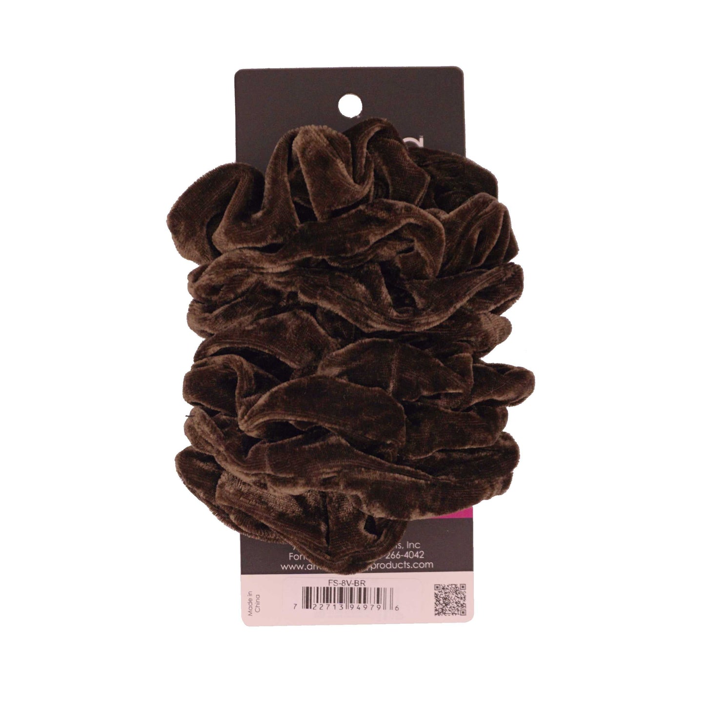 Amelia Beauty Products, Brown Velvet Velvet Scrunchies, 3.5in Diameter, Gentle on Hair, Strong Hold, No Snag, No Dents or Creases. 8 Pack - 12 Retail Packs