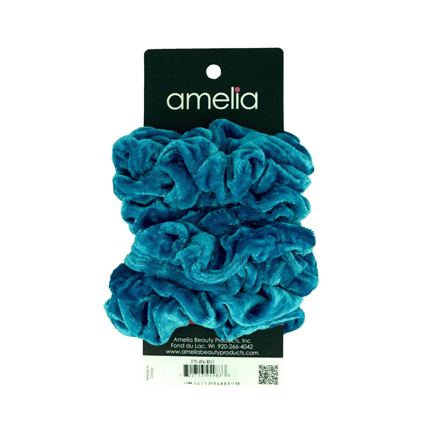 Amelia Beauty Products, Blue Velvet Velvet Scrunchies, 3.5in Diameter, Gentle on Hair, Strong Hold, No Snag, No Dents or Creases. 8 Pack - 12 Retail Packs