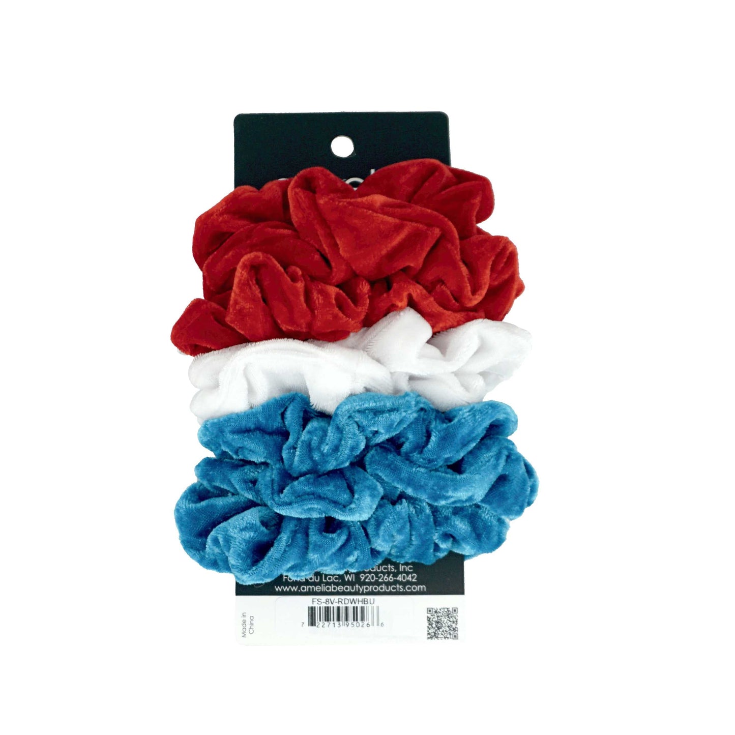 Amelia Beauty Products, Red, White and Blue Velvet Velvet Scrunchies, 3.5in Diameter, Gentle on Hair, Strong Hold, No Snag, No Dents or Creases. 8 Pack - 12 Retail Packs