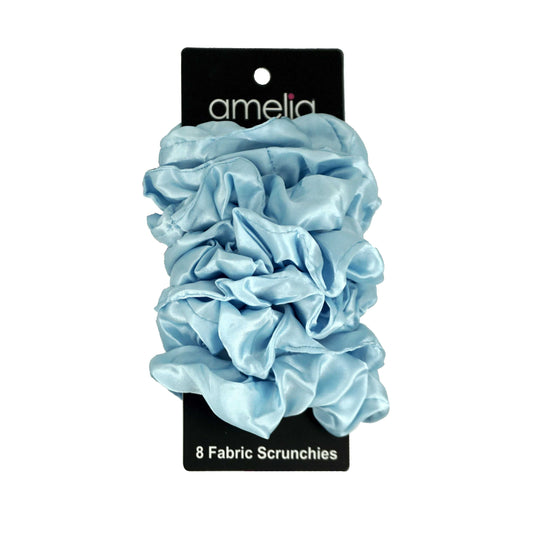 Amelia Beauty Products, Sky Satin Scrunchies, 3.5in Diameter, Gentle on Hair, Strong Hold, No Snag, No Dents or Creases. 8 Pack - 12 Retail Packs