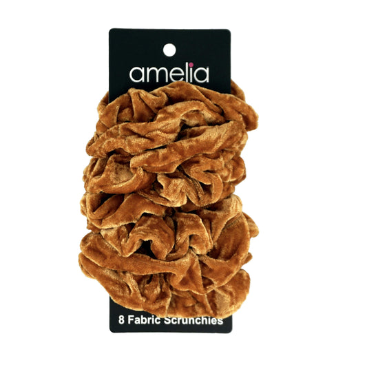 Amelia Beauty Products, Tan Velvet Velvet Scrunchies, 3.5in Diameter, Gentle on Hair, Strong Hold, No Snag, No Dents or Creases. 8 Pack - 12 Retail Packs