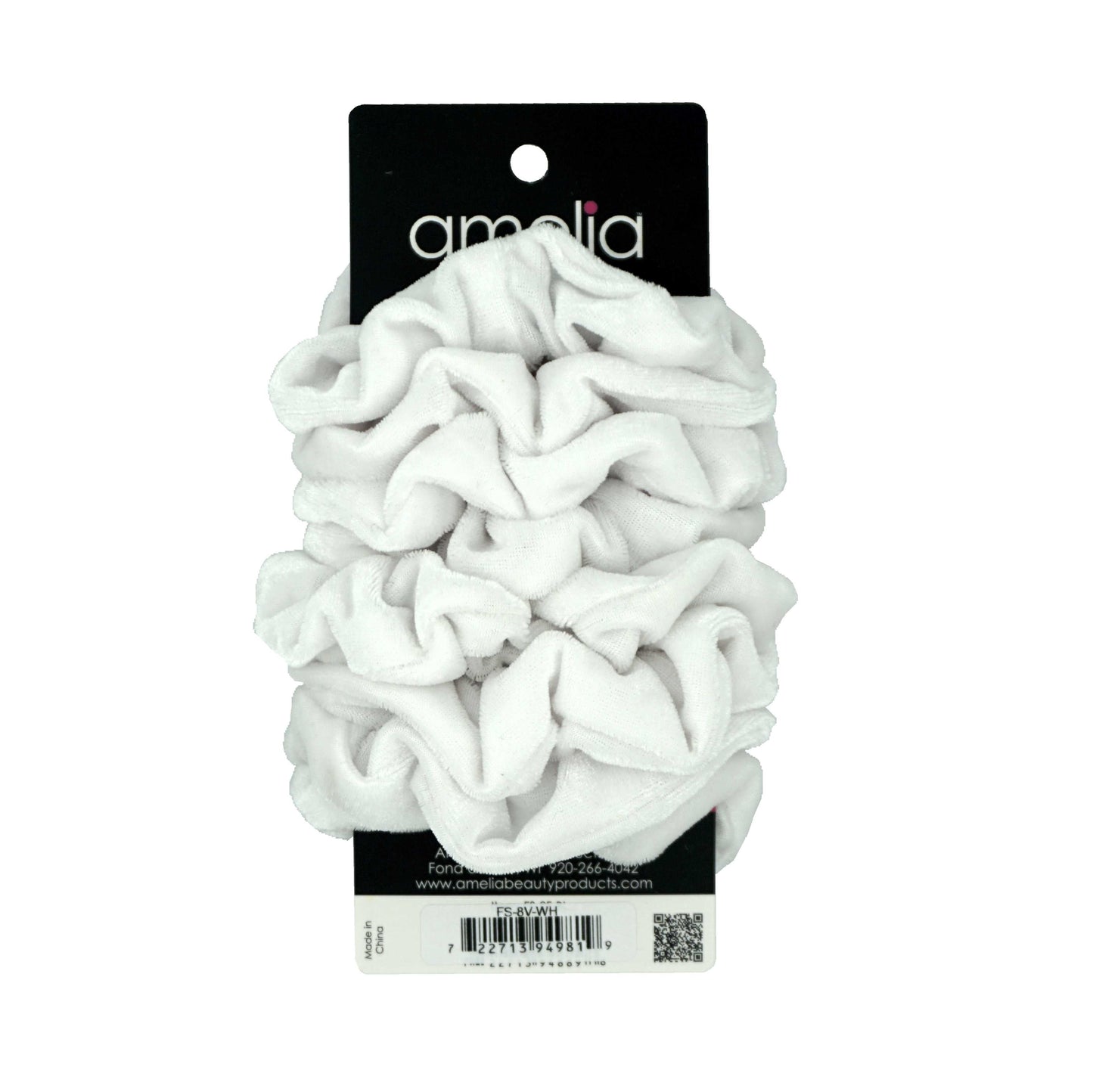 Amelia Beauty Products, White Velvet Velvet Scrunchies, 3.5in Diameter, Gentle on Hair, Strong Hold, No Snag, No Dents or Creases. 8 Pack - 12 Retail Packs