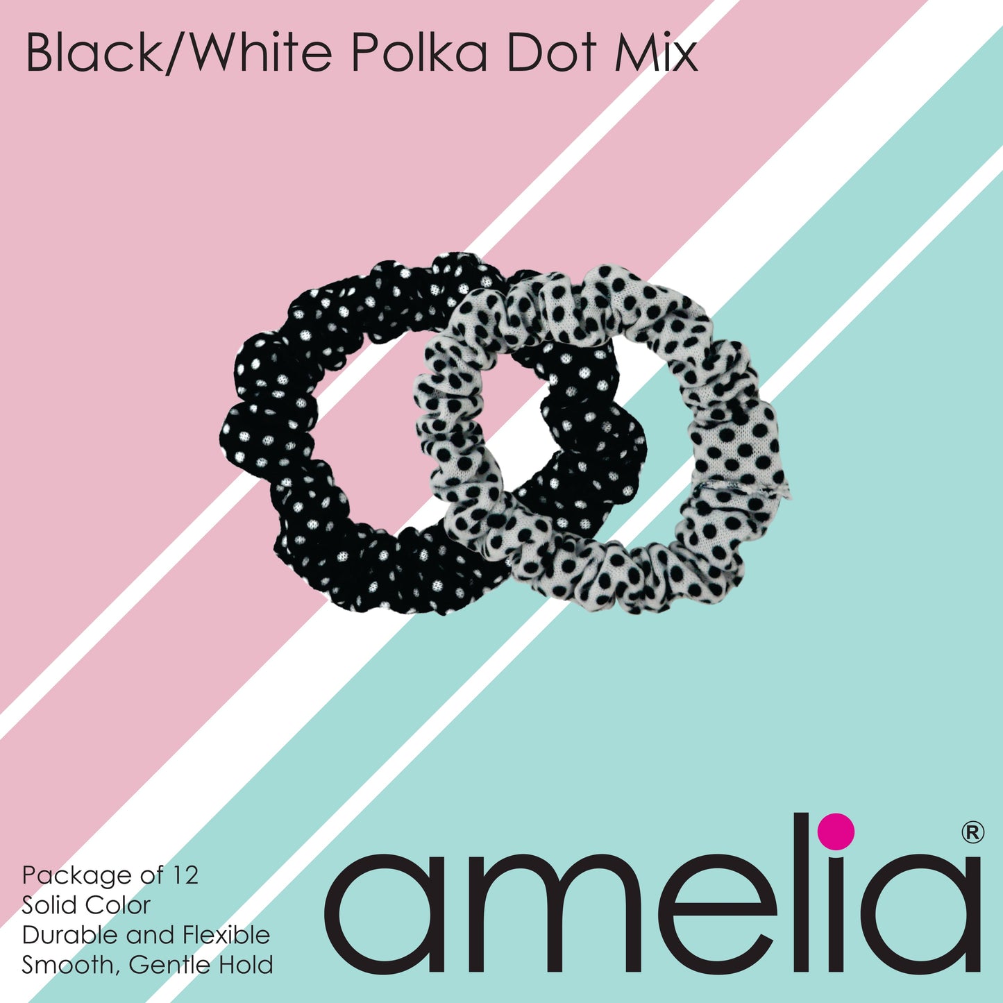 Amelia Beauty, Black and White Polka Dot Mix Jersey Scrunchies, 2.25in Diameter, Gentle on Hair, Strong Hold, No Snag, No Dents or Creases. 12 Pack - 12 Retail Packs